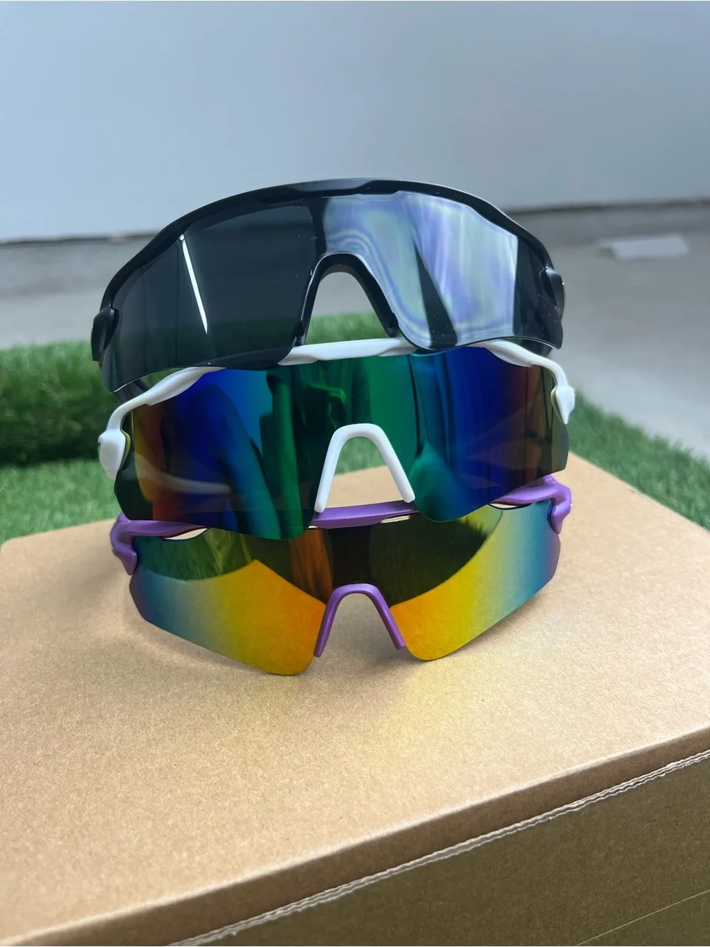 3 Premium Sport Shield Sunglasses - Black/White/Purple Multi-Lens